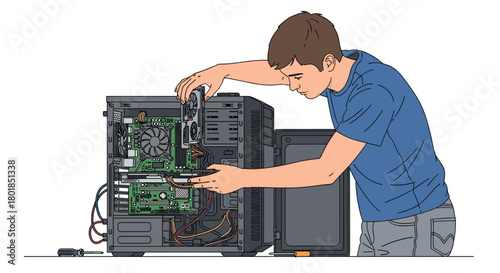 Technician upgrading computer with graphic card in modern workspace, illustrating IT support and computer hardware maintenance solutions