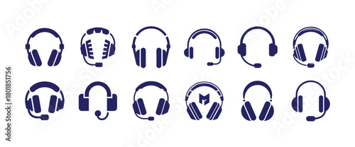 Blue  Headset Icons Pack,  Minimal Audio Equipment Graphics, vector illustration eps 10.