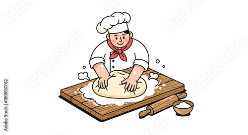 Enthusiastic chef kneading dough on rustic wooden board, creating delicious baked goods with passion and traditional techniques