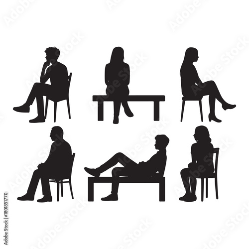 silhouettes of men and women and teenagers sitting on bench or chair vector