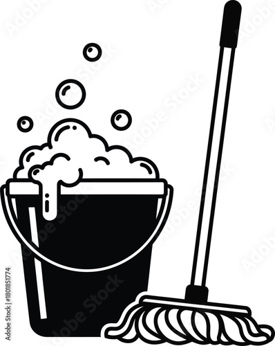 Cleaning supplies vector illustration bucket with soap and mop design eps silhouette