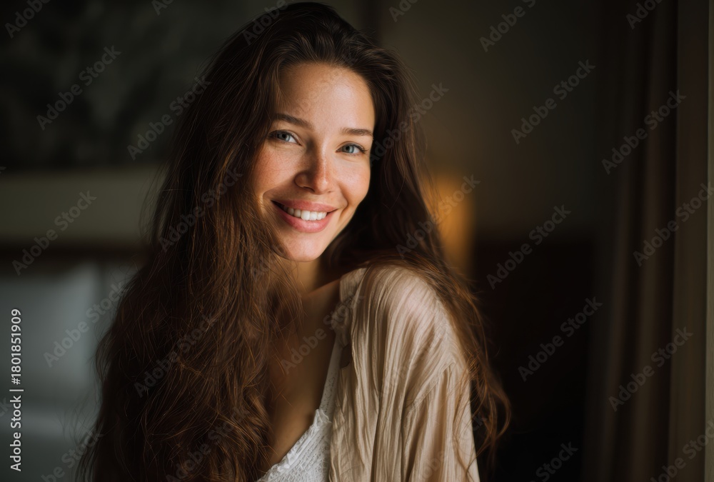 Obraz premium portrait of a beautiful young woman with long dark wavy hair smiling gently in a soft naturally lit bedroom