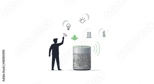 Silhouette of a person interacting with a smart air purifier and its digital interface icons