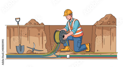 Professional cable installer working in trench to connect utilities, ensuring seamless infrastructure with vibrant modern technology