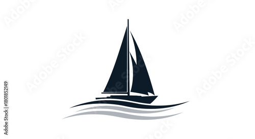 Elegant minimalist illustration of a dark blue sailboat with white sails on stylized wavy water