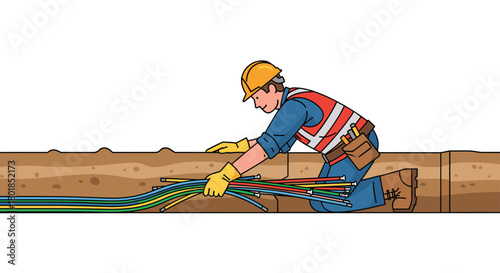 Dedicated lineman connecting underground cables for reliable fiber optic internet infrastructure and communication networks in the community