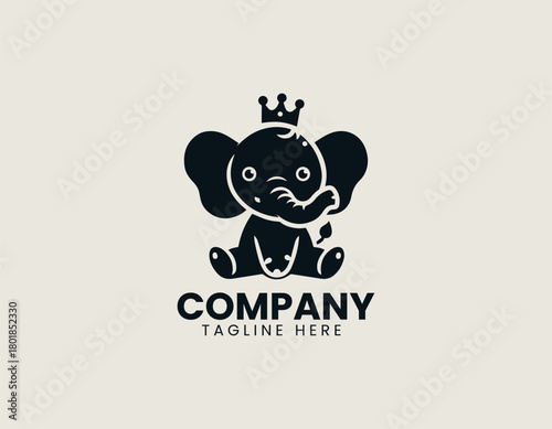 Happy baby king elephant smiles proudly creating charming black vector logo
