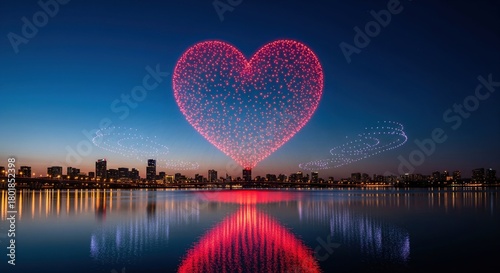 Stunning drone light show with a glowing red heart in the sky over a modern city at night