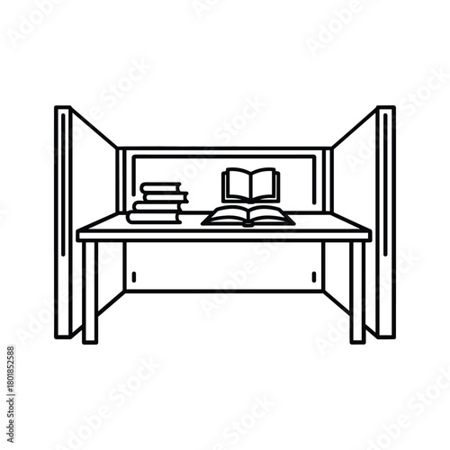 Study cubicle desk with stack of books and open textbook, line art illustration of education workspace