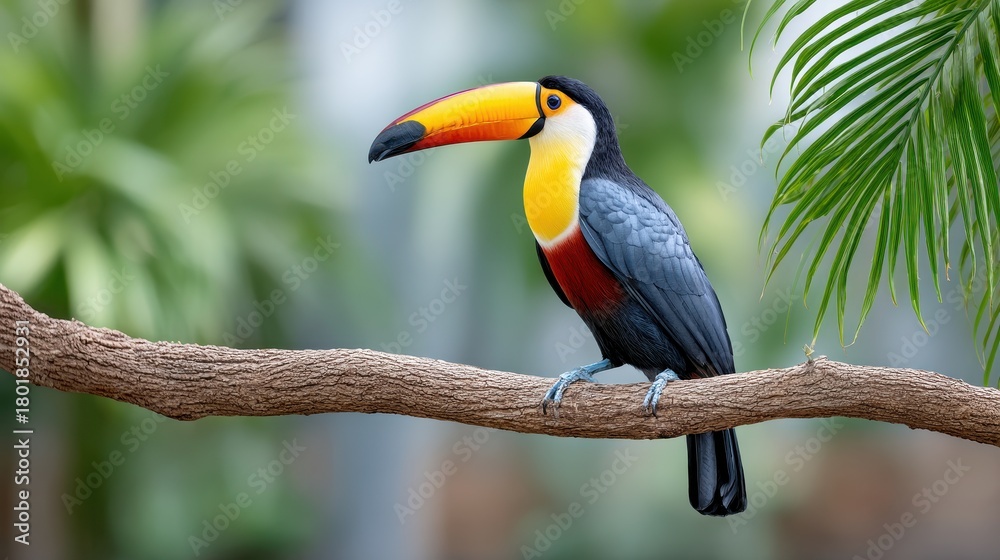 Naklejka premium A colorful toucan perches on a branch, surrounded by lush greenery, showcasing its vibrant beak and distinctive plumage.