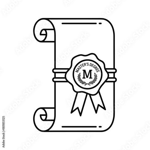 Master's degree diploma scroll line icon with academic seal, symbolizing higher education and achievement
