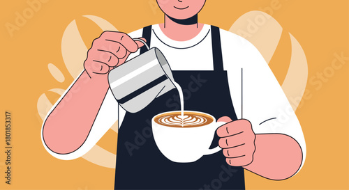 Skilled barista crafting beautiful latte art in a modern coffee shop, creating a perfect morning brew experience