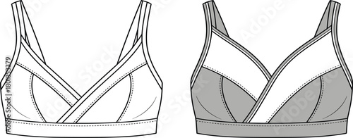 Vector Technical Drawing of Wrap Sports Bra, Activewear Underwear, V-Neck, and Layered Apparel Flat Sketch