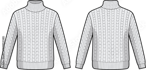 Vector Technical Drawing of Turtle Neck Cable Knit Sweater, Fisherman Jumper, and Winter Knitwear Flat Sketch