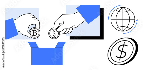 Hands passing cryptocurrency and dollar coins, a donation box, globe with arrows, circular currency sign. Ideal for finance, cryptocurrency, donation, global economy, e-commerce transactions