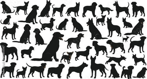 Dog silhouette collection, various breed poses, black vector animals, walking sitting standing dogs, flat pet graphic, isolated illustration set