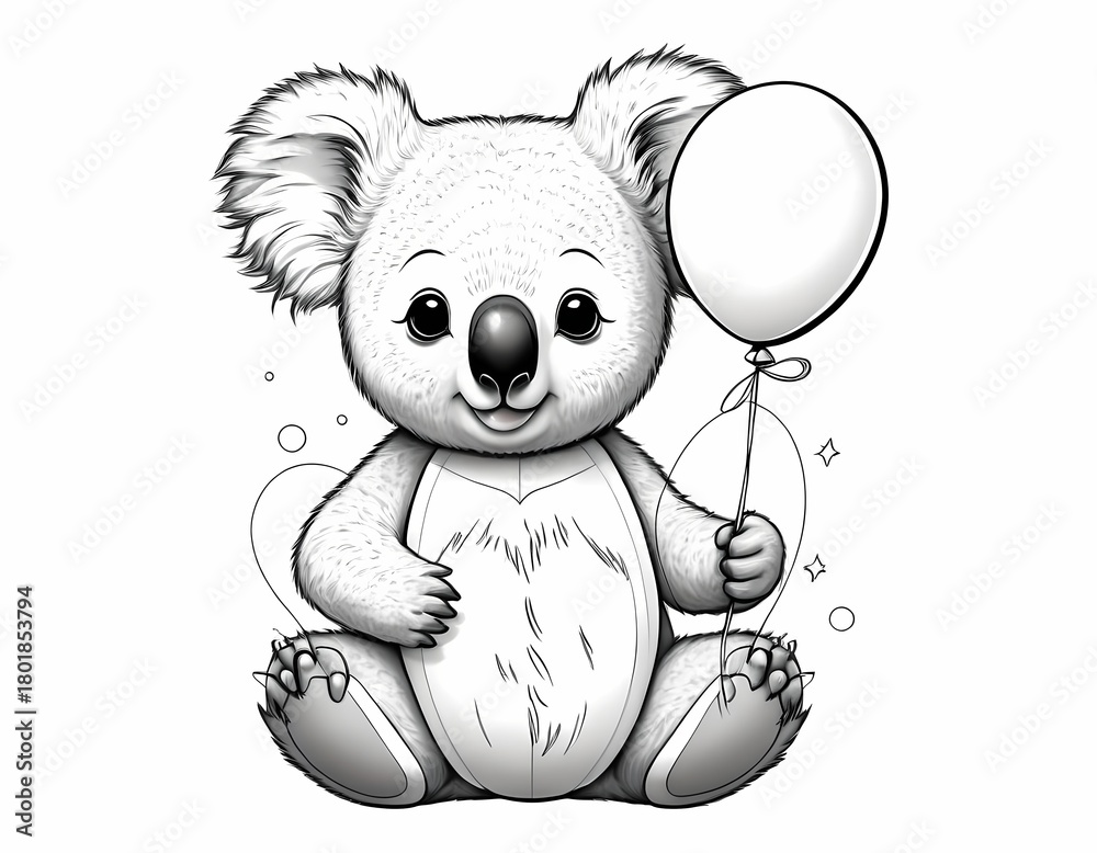 Fototapeta premium Cute koala holding a balloon coloring book page in black and white