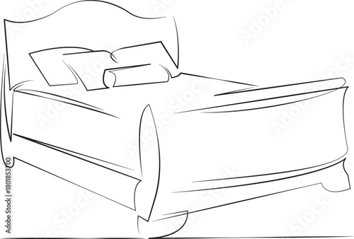 One continuous line drawing on white isolated background. Minimalism linear illustration. pillow, bed, interior, bedchamber, cosy, room, elegant, modern, design, sleep
