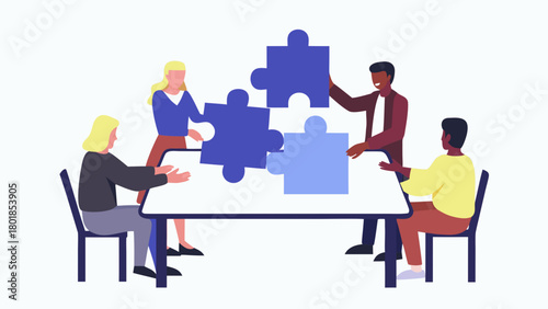 Diverse team of people collaborating around a table working together to solve a complex problem by fitting puzzle pieces into place symbolizing teamwork and unity