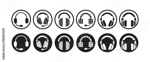 Headphone and Audio Equipment Icon Set, Minimal Black Music Icons, vector illustration eps 10.