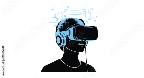 Person wearing futuristic virtual reality headset and headphones immersed in digital technology and virtual worlds