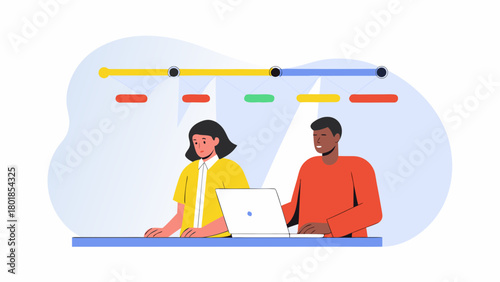Two diverse colleagues collaborate on a project using a laptop visualized with a colorful timeline graphic above them representing planning and progress