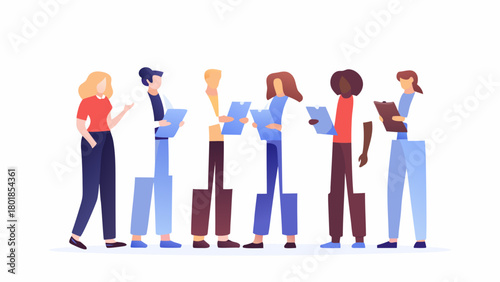 A diverse group of medical professionals standing together holding clipboards and discussing patient information in a modern flat illustration style