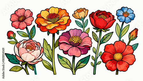 A collection of various flowers, with cartoon hand-drawn vector illustrations