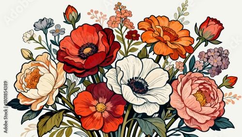 A collection of various flowers, with cartoon hand-drawn vector illustrations