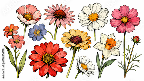 A collection of various flowers, with cartoon hand-drawn vector illustrations
