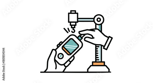 Close up of a hand holding a glucometer while another hand inserts a test strip into a medical device