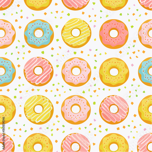 Colorful Delicious and Sweet Donut Pattern with Sprinkles.