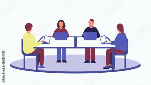 Four diverse individuals collaborate and work together on laptops around a modern table representing teamwork and modern office environments