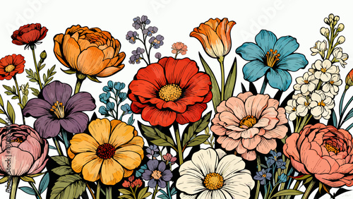 A collection of various flowers, with cartoon hand-drawn vector illustrations