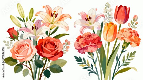 A collection of various flowers, with cartoon hand-drawn vector illustrations