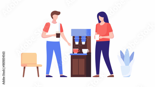 Two colleagues taking a coffee break together at a water cooler in a modern office environment enjoying a moment of relaxation and conversation