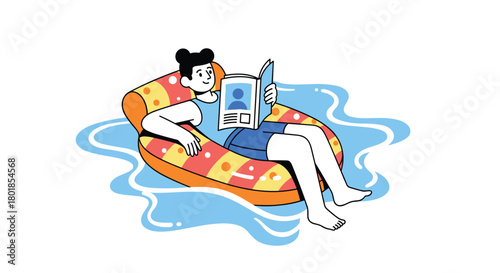 Relaxed person enjoying a summer day reading a book while floating on a colorful inflatable ring in cool blue water