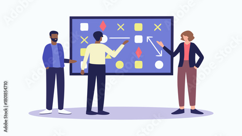 Diverse team collaborating on a strategy board planning business development and brainstorming ideas for future growth and success