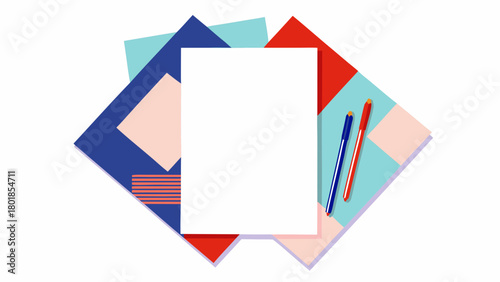 Creative workspace flat lay with blank paper and pens on a colorful geometric background ideal for design and writing concepts