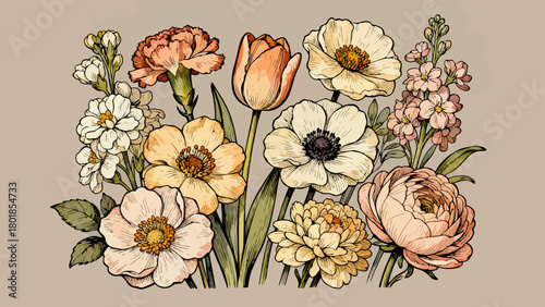 A collection of various flowers, with cartoon hand-drawn vector illustrations