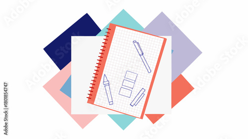 A hand drawn illustration of a notebook with a pen crayon and pencils on a white background surrounded by colorful geometric shapes