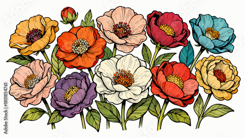 A collection of various flowers, with cartoon hand-drawn vector illustrations
