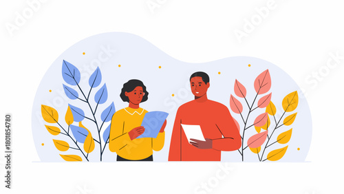 Diverse colleagues collaborating and discussing documents in a modern flat illustration style with abstract organic shapes and foliage elements