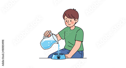 Caring boy happily refills pet's water bowl at home, showing love and responsibility for his furry friend's well-being