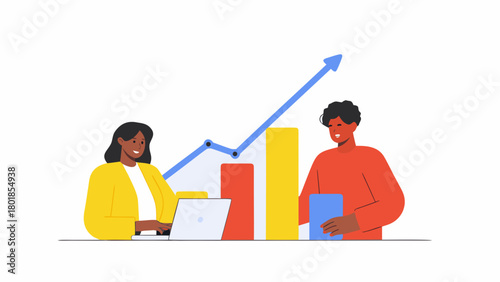 Two diverse colleagues collaborating and analyzing a growing business chart with a laptop and tablet representing financial success and teamwork