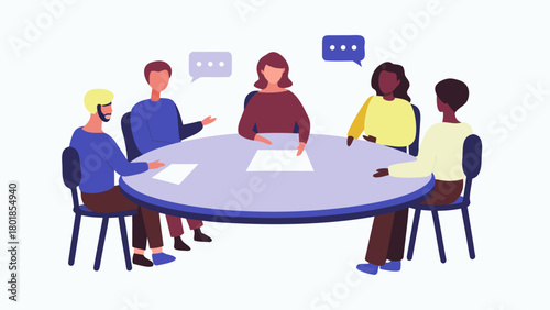 Diverse group of people collaborating around a round table discussing ideas with speech bubbles representing teamwork and communication in a modern office setting