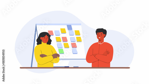Two diverse colleagues stand confidently with arms crossed in front of a whiteboard covered in colorful sticky notes symbolizing teamwork and project planning