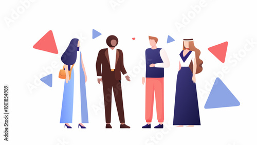 Diverse group of people standing together representing different cultures and backgrounds with abstract geometric shapes in the background symbolizing unity and connection