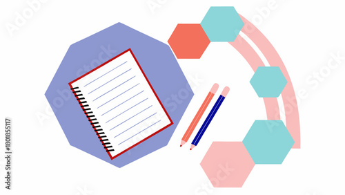 Flat design illustration of a spiral notebook and pencils surrounded by abstract geometric shapes and pastel colors representing creativity and learning