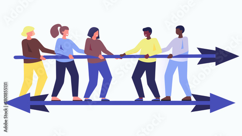 Diverse group of people in a tug of war pulling in opposite directions representing conflict disagreement and opposing forces